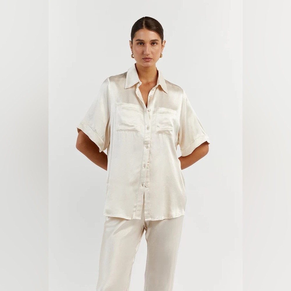 DISSH satin champagne pearl vacation shirt